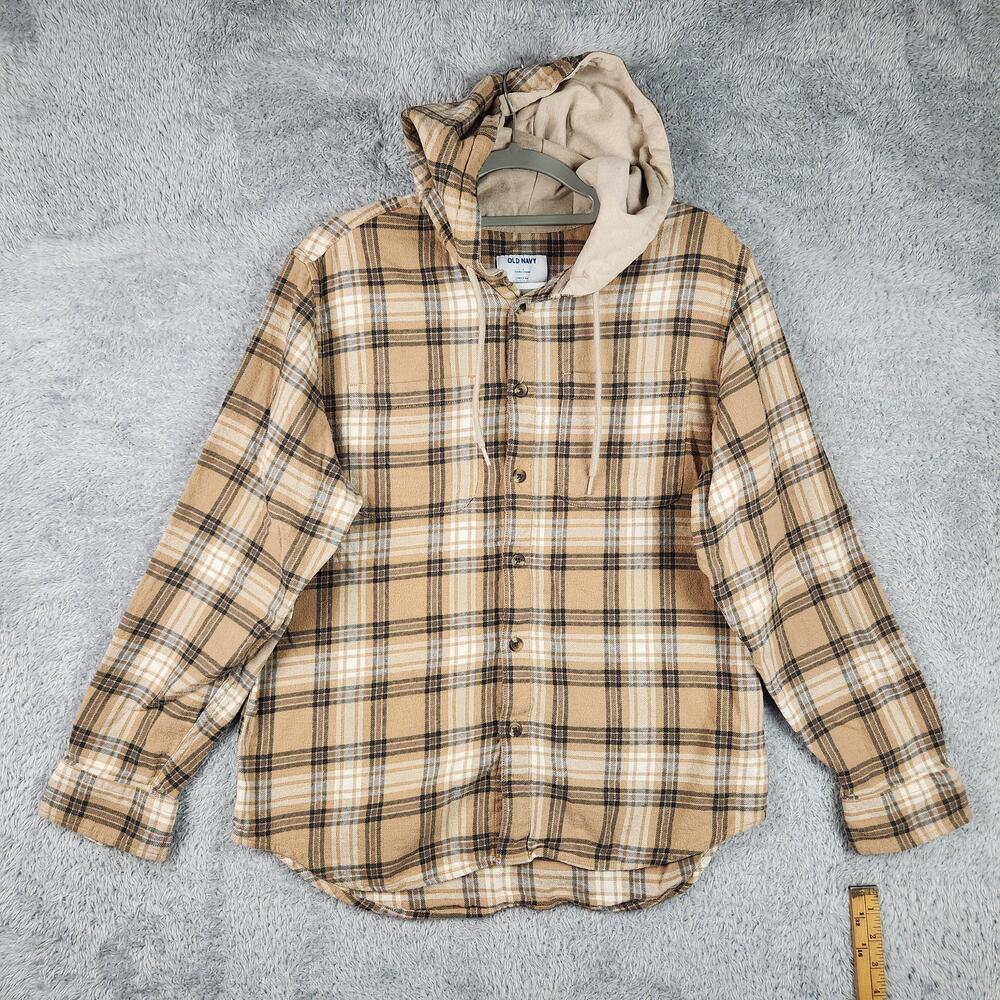 Old Navy Shirt Mens Large Brown Plaid Hooded Flannel Button Preppy Casual Modern